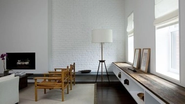 Modern living room with dark hardwood floors