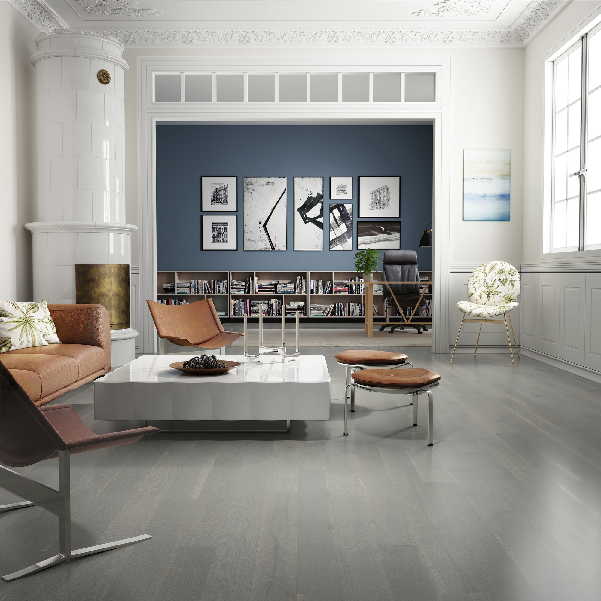 Studio with pale wood flooring