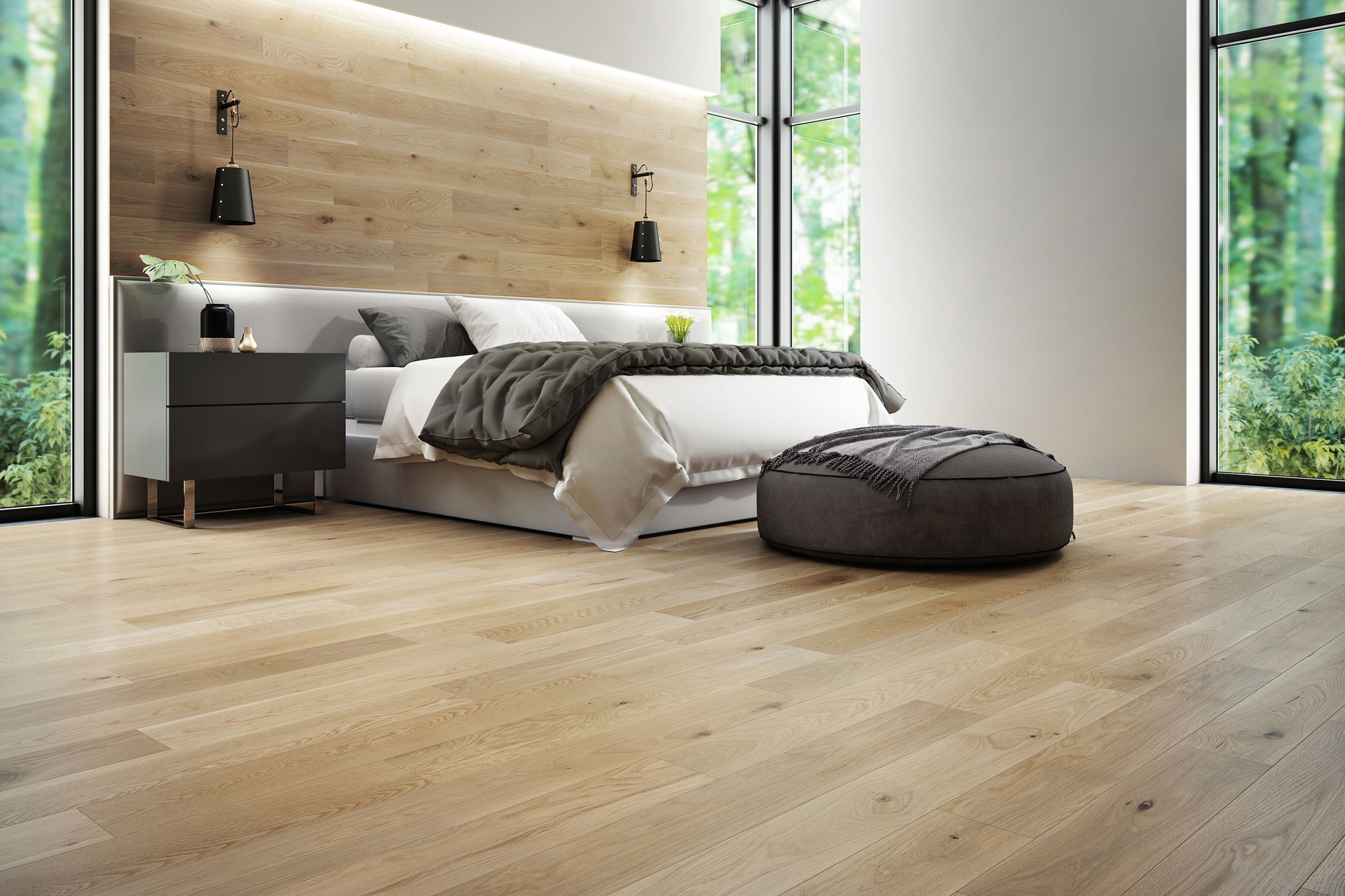 Bedroom with pale wood flooring